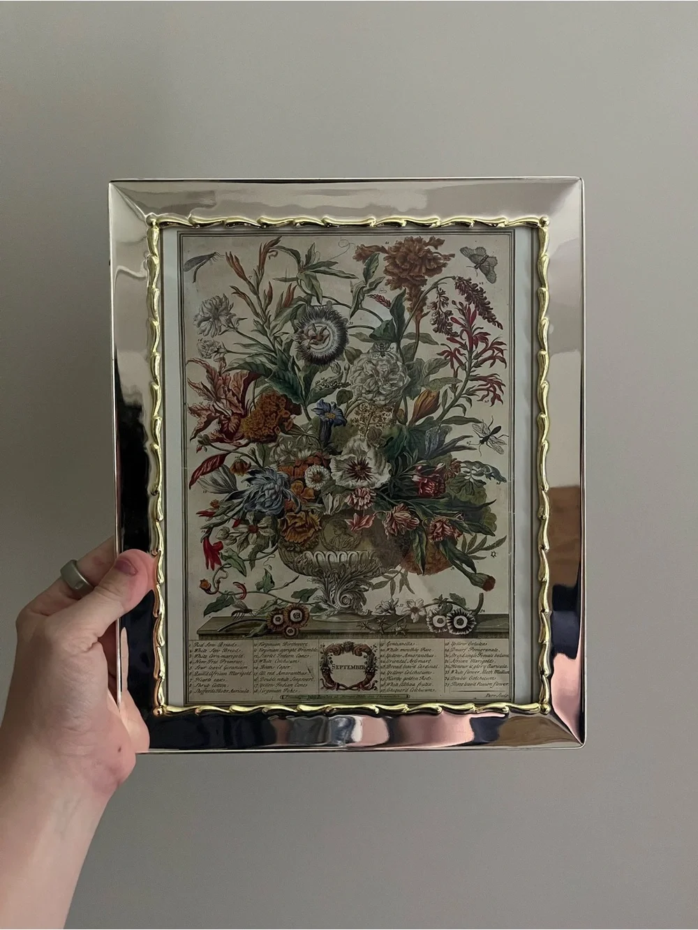 Vintage Silver & Gold Framed Botanical Floral Art Print - September flowers